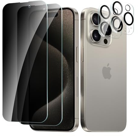 CYYAGE 2 Stück Sichtschutz Schutzfolie für iPhone 15 Pro und 2 Stück Kameraschutz, Anti-Spähen Displayschutz HD Blickschutzfolie Privacy Schutzglas Folie, 9H Härte, Kratzfest