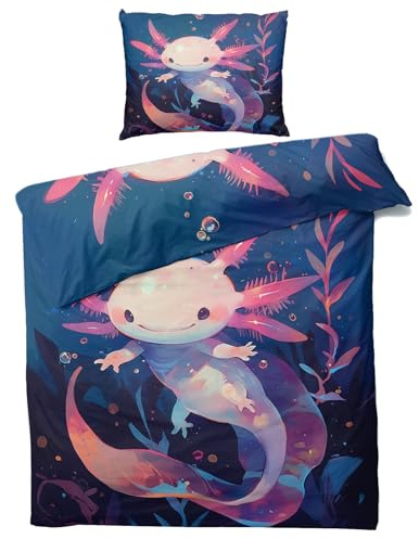 Generisch Sommer Bettwäsche 135x200 Axolotl - Kawaii Kinder Bettbezug 135 x 200 2er Set, Weiche & Angenehme Mikrofaser Bettbezüge & Kissenbezug 80x80, Bettwäsche-Sets mit Reißverschluss H%-254