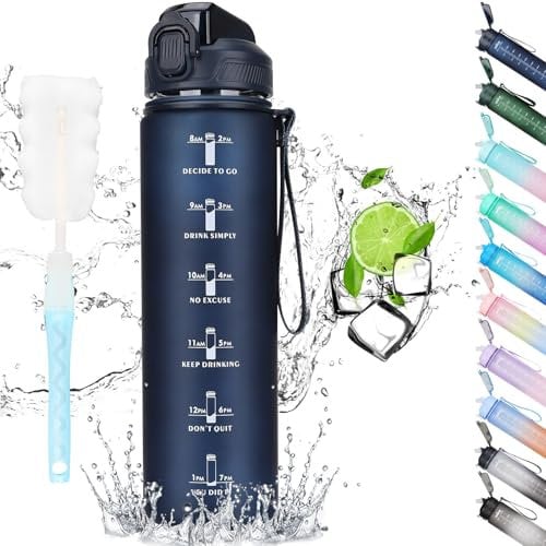 CodiCile Cantimplora de 1 l, botella con pajita y marcador de tiempo, botella de agua a prueba de fugas de 1 l con tapa, sin BPA, para deportes, oficina, bicicleta, correr, color azul oscuro