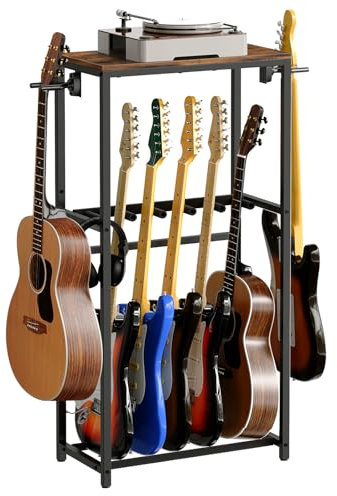 MAHANCRIS Gitarrenständer, 2-Stöckiger Gitarrenständer für Akustikgitarre, E-Gitarre, Bass, Ukulele, Banjo, mit Gitarrenzubehörständer, EVA-Schutzfolie, Braun und Schwarz AGSHR6501