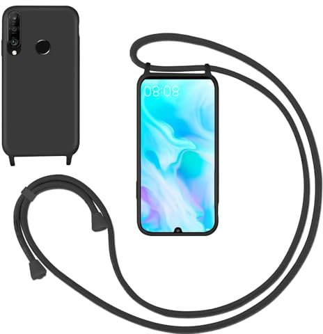 GoodcAcy Handykette Handyhülle für Huawei P30 lite,Smartphone Necklace Hülle mit Band Schutzhülle mit Kette zum umhängen Halskette Flüssig Silikon Case für Huawei P30 lite,Schwarz