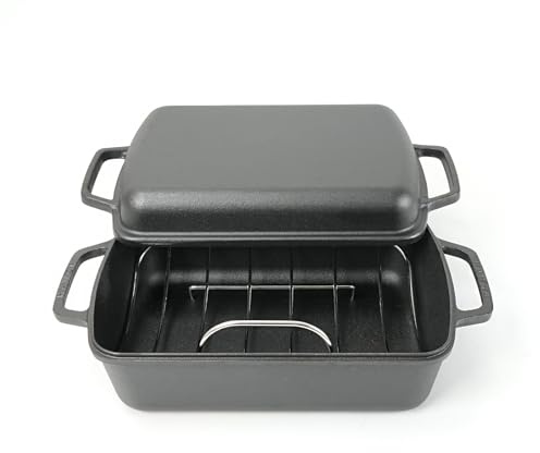 HAWOK Cast Iron Rectangular Turkey Roasting Pan, 10-Piece, 18x13, 16.5QT, with U-Rack, Cutting Board, Cleaning Cloths, Aluminum Foil Apron and Gloves, Carry Bag