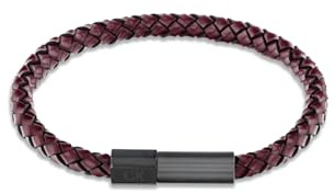 Calvin Klein Industrial Facets Herren-Armband aus schwarzem Stahl und burgunderrotem Leder – 35100045