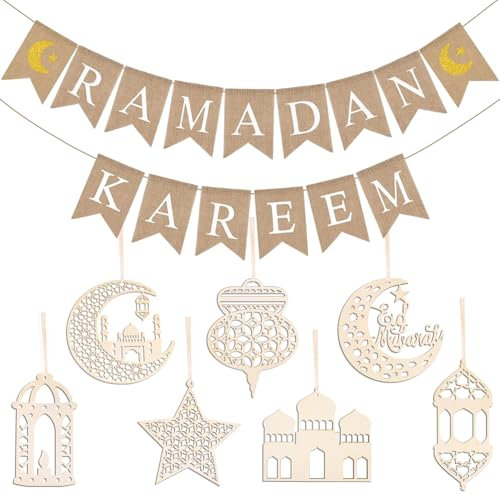 iZoeL Ramadan Kareem Deko, Ramadan Kareem Banner Sterne Mond hölzerne Ramadan-Anhänger Ramadan Dekoration zum Aufhängen an Wänden Fenstern Bäumen