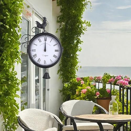 Kozivmo Bahnhofsuhr Doppelseitig, Bahnhofsuhr Wetterfest, Runde Wanduhr für Garten, Retro Schmiedeeisen Metall Wanduhren Aussen Stille Quarzuhr Outdoor Uhr Dekorative Wanduhr Korridoren 30x37cm