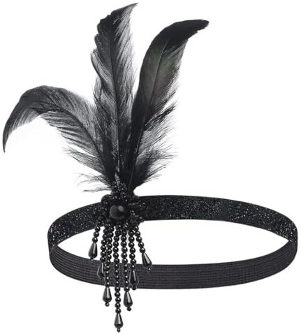 1920s Accessoires de Déguisement Headband Plume, Noir Années 1920 Coiffure Bandeau Mode Bling Strass Accessoires de Cheveux, pour Bal de Fin D'année Mariage Carnaval Cocktail fête Style Rétro
