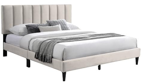 Bett 160x200 cm, Polsterbett mit Lattenrost, Bettgestell, Doppelbett mit weichem Bezug und gepolstertem Kopfteil mit vertikaler Steppung, robustes Gestell, hoher Liegekomfort | Beige | 160x200 cm