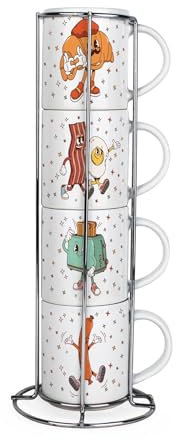 Purely Home Novelty Retro Breakfast Stacking Mugs Set - Set of 4 Ceramic Mugs Gift Set with Metal Stand