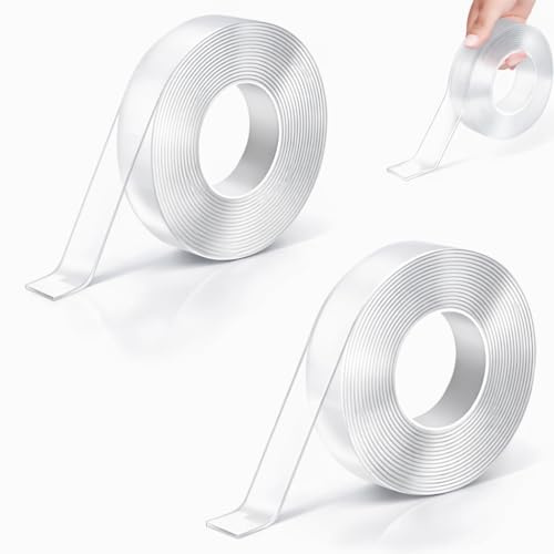 2 Rouleaux 10M Transparent Double Face Ruban Adhésif Double Face Puissant, Ruban Transparent Reutilisable pour Tapis, Murs, Photos, Décorations et Plus
