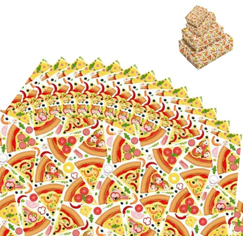 12 Bögen Pizza Geschenkpapier, Geschenkverpackung mit Süßen Doodles, Geburtstagsgeschenk Deko für Männer und Frauen, Wrapping Paper für Valentinstag, Geburtstage, Weihnachten