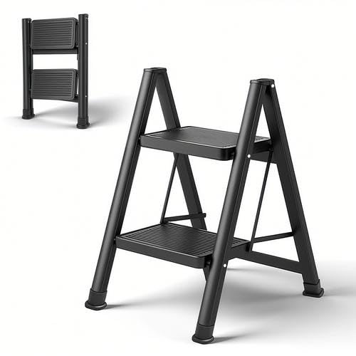 Victoam 2 Stufen Leiter Tritthocker Klappbar mit sicherem Stand, verbreitertem Pedal, Alu Klappleiter Multifunktionale Tritthocker bis 150kg Belastbar für Küchen Haushalt Außen Büro, Schwarz