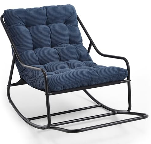 SEEDWAVE Schaukelstuhl mit Fußrest, robustem Stahlrahmen, weichem Cushion & rutschfesten Schutzpads – stilvoller Loungesessel & Liegestuhl für Garten, Balkon & Outdoor (Dunkelblau, Cord)