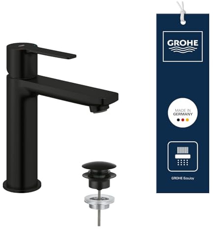 GROHE Lineare, Waschtischarmatur, wassersparend (Wasserhahn für das Bad, Badarmatur mit Push-Open Ablauf, 16cm hoch, einfache Installation am Waschbecken), mattschwarz, 231062431