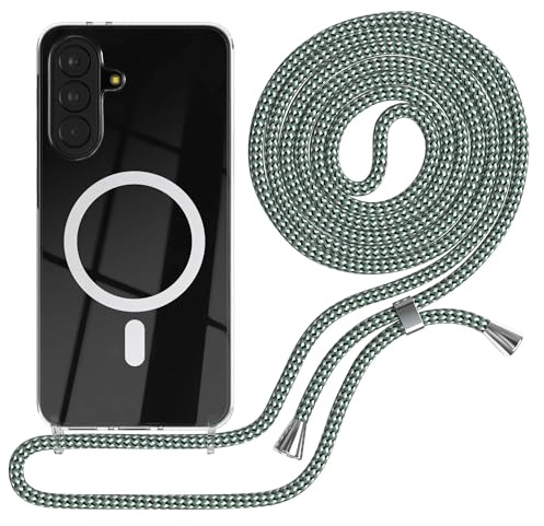 EAZY CASE - Handykette kompatibel mit Galaxy A37 Kette zum Umhängen Stoßfest Handyhülle für Galaxy A37 Silikon Hülle Band Handytasche Transparent als Fallschutz in Hell Grün Camouflage - Clips Silber