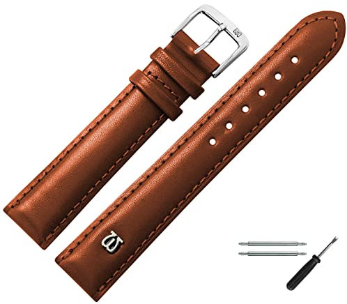 MARBURGER Uhrenarmband 18mm Leder Braun Silber Glatt Mit Naht - Montage Set 1001832000120