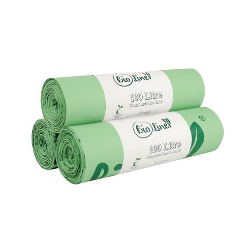 100L x30 Heavy Duty Compostable Food Waste Sacks - BioLiner Food Waste Bin Liners - EN 13432 - Compost Bags with Composting Guide - 100 Litre