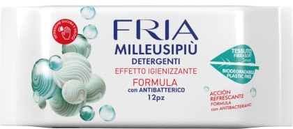 Fria MilleusiPiù Igienizzanti, Salviette Detergenti con Antibatterico, Tessuto Fibrasoft 3 Strati Biodegradabile, Confezione Tascabile da 12 Salviette