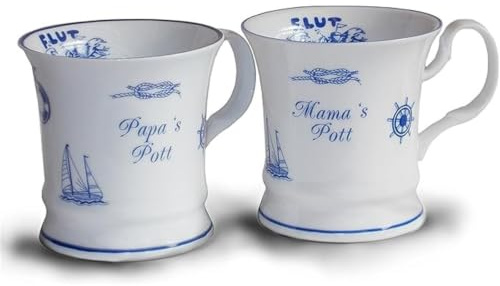 Unbekannt 2er Set Kaffeebecher Mama's Pott + Papa's Pott | Kaffeehaferl aus Porzellan mit Segelschiff, Steuerrad und Seemannsknoten