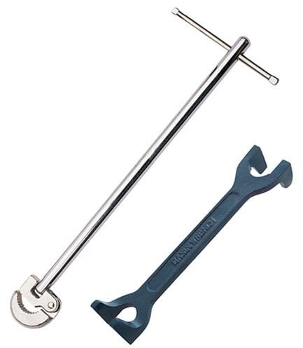 Plumbers 16 Adjustable Basin Wrench Plus 15mm and 22mm Fixed Tap Nut Spanner