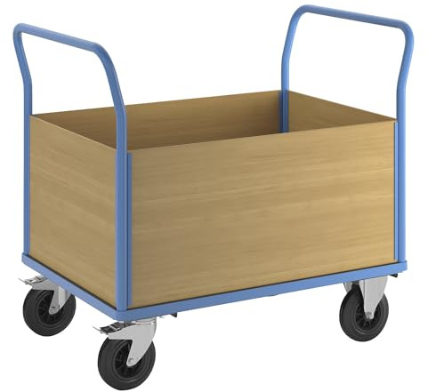 eurokraft pro | Plattformwagen mit Holzwänden | Mit 4 hohen Wänden, LxB 1350 x 800 mm, Vollgummi