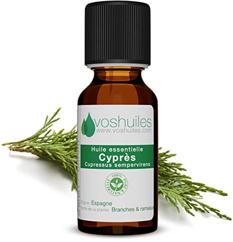 Huile Essentielle de Cyprès - 100% Pure et Naturelle - HEBBD - Utilisation en Massage - Parfum Frais et Citronné - Diluer dans Huile Végétale - 10ml - VOSHUILES