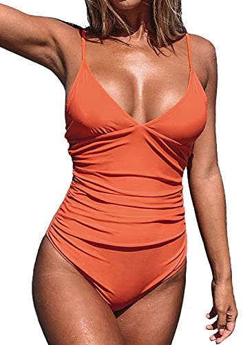CUPSHE Damen Einteiler Badeanzug Triangel V Ausschnitt Raffung Bauchweg Strandmode Einteilige Bademode Swimsuit Orange XL