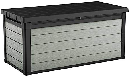 Koll Living Garden Aufbewahrungsbox 570L, grau - hochwertiger Kunststoff in Holzoptik - maximale Belastbarkeit ca. 300 kg - mit Gasdruckfedern - UV- & wetterbeständig