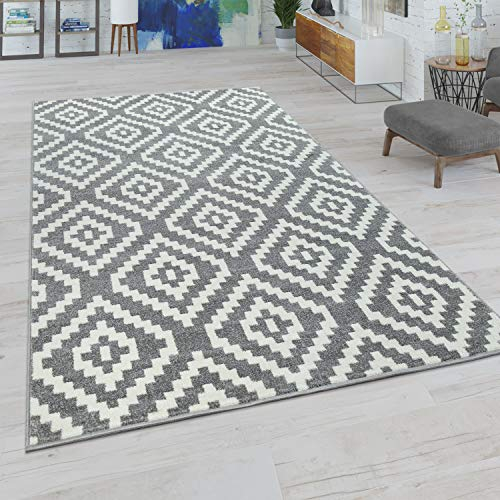Paco Home Wohnzimmer Teppich, Rauten Muster in Pastell Farben, Moderner Boho Ethno Look, Grösse:200x280 cm, Farbe:Grau-Weiß