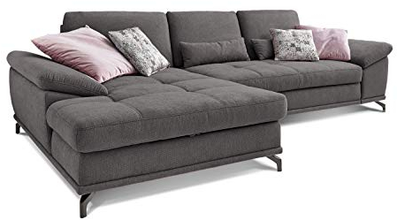 Cavadore L-Form-Sofa Castiel mit Federkern / Große Eckcouch mit Sitztiefenverstellung und XL-Longchair / 312 x 89 x 173 / Webstoff, Grau
