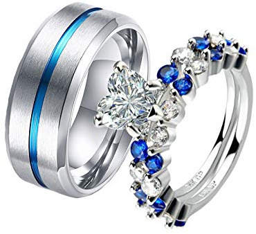 KnSam 2 Stück Ring Ehering Ausgefallen Ring Silber Herren Gebürsteter Ring Und Herz-Zirkonia-Ring Silber Blau