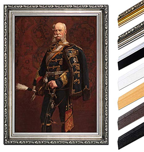 Bilderdepot24 Bild mit Rahmen - Kaiser Wilhelm I. 40x50 cm - Gerahmtes Leinwandbild Berühmtheiten & Zeitgeschichte - Antiker Rahmen Silber Barock, Klassisch
