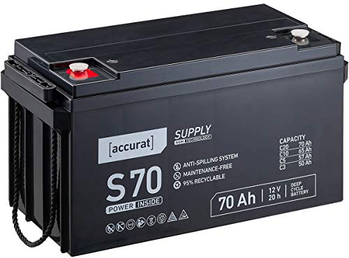 Accurat AGM Batterie S70-12V, 70Ah, zyklenfest, wartungsfrei - VRLA Versorgungsbatterie, Blei Akku, Solarbatterie, Bootsbatterie für Wohnmobil, Wohnwagen, Camper, Bootsbatterie