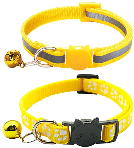 Qinao 2Pack Cat Collars Quick Release Reflective Kitten Collar with Bell & Safety Release (Yellow) 19-32cm