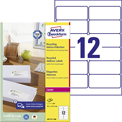 AVERY Zweckform LR7177-100 Recycling Etiketten (1.200 Adressaufkleber, 99,1x42,3mm auf A4, 100% recyceltes Altpapier, bedruckbar, selbstklebend, für DIN lang Briefkuverts) 100 Blatt, naturweiß