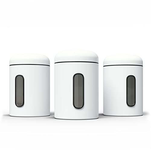 stardis Vorratsdosen 3er Set 0,9 L mit Deckel & Sichtfenster für Lebensmittel, stabiler Vorratsbehälter, Metalldosen für Kaffee, Tee, Cerealien, Kaffeedose, Anti-fingerprint-Beschichtung weiß