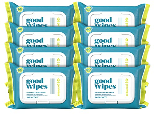 Goodwipes Flushable Butt Wipes Made with Vitamin E & Aloe - Soft & Gentle Wet Wipe Dispenser for Home Use, Septic & Sewer Safe - Largest Adult Toilet Towelettes - Shea Coco, 60 Count (Pack of 8)