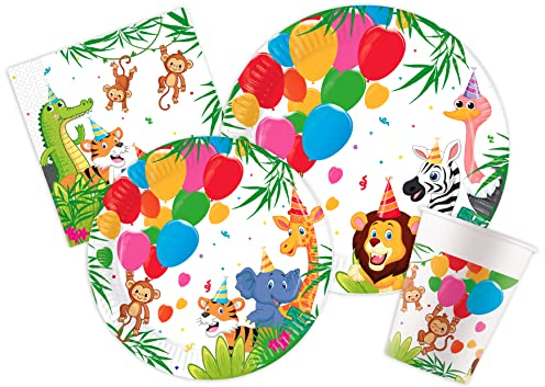 Kit Party Tavola animali Jungle Balloons per 8 persone (44 pezzi: 8 piatti Ø23cm, 8 piatti Ø20cm, 8 bicchieri 200ml, 20 tovaglioli 33x33cm) in carta FSC