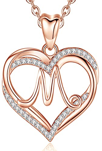 INFUSEU kette mit buchstaben, Rosegold Brief Halskette für Frauen M Initial Herz Anhänger Halskette Ohne Cubic Zirkonia CZ Schmuck Romantische Geburtstagsgeschenke für Sie, 20 Zoll Kette
