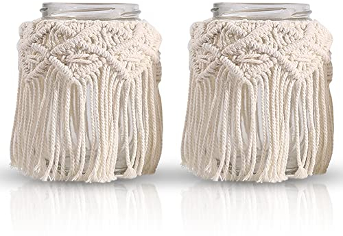 Gohytal Kerzenständer Makramee Girlande, 2 pcs Makramee Windlicht, Makramee Windlicht Glas Boho Beige, Windlichter Für Kerzen Und Trockenblumen für Weihnachten Hochzeit Tischdeko Wohnzimmer Deko