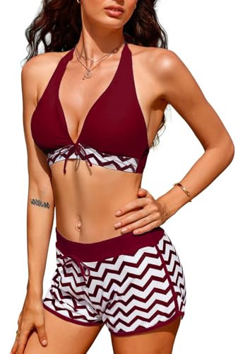 Tuopuda Traje de baño de Mujer de Dos Piezas Push Up Floral Halter Tankini Set con Shorts Bikini de Traje de baño Deportivo de Cintura Alta para el Mar Playa Piscina Fiesta Vacaciones(Vino,M)