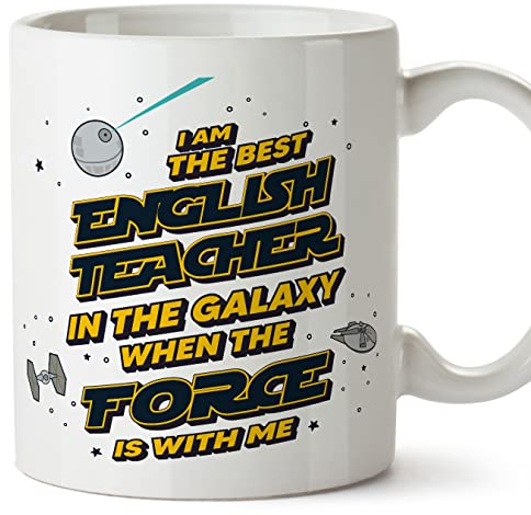 MUGFFINS Tazas para PROFESORA DE INGLÉS - En Inglés - Best in The Galaxy The Force is With Me - 11 oz / 330 ml - Regalo original y divertido