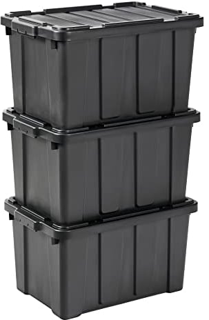 Iris Ohyama, Caisse Rangement avec Couvercle Robuste, 50L, Lot de 3, Noir, Compact, Durable, Empilable, pour Garage, Etagères, Déménagement, Plastique, Boite a Outils, Bac de Rangement, DDSKT-450