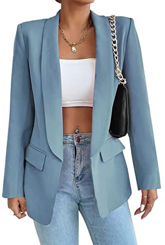 Damen Blazer Langer Casual Open Front Blazer Arbeit Büro Jacken mit Taschen Hellblau XS