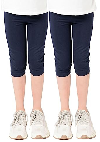 Capri Leggings Mädchen - 3/4 Hose, bequem, elastisch, vielseitig kombinierbar - Farben: Blau, Schwarz, Pink, Weiß, Größen: 92-176 (104/110, 2er-Pack Marine/Marine)