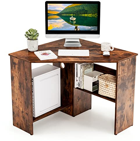 CASART Corner Computer Desk, Wooden Writing Desk with Storage Shelves & Cable Holes, Space-saving Home Office Computer Workstation for Small Space in Bedroom Study Living Room (Rustic Brown)