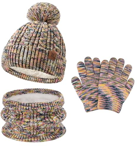 Bequemer Laden Kinder Winter Warm Beanie Mütze Handschuhe Loop Schal Set Wintermütze Strickmütze Schlauchschal Winterhandschuhe für 5-8 Jahre Mädchen Jungen, Gelb