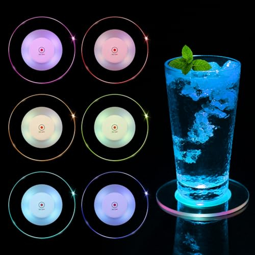 JIZZU Dessous de Verre Lumineux LED, 6 Pièces Dessous de Bouteille Lumineux Transparent Rond 10cm, 3 Modes d'éclairage, Convient pour Boissons, Fête Mariage Bar