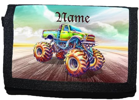 Maus-Design Kinder Geldbörse Monstertruck personalisiert mit Name | Schriftartwahl, Klettverschluss, Schlüsselring, Fenster