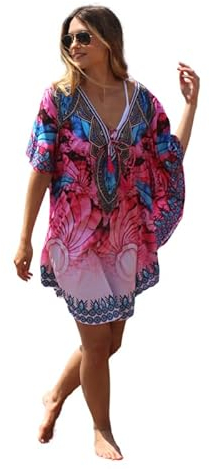 Trillion London Short Pink Kaftan with Neckline Print | For Women | Beachwear, Coverup Dress | Suited for Summer | Polyester | Soft & Light Weight Fabric | Holidays Loungewear | Fits UK Size 6 to 14