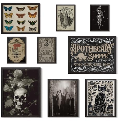Putuo Decor Gothic Witchy Wall Decor Aesthetic, 9pcs Gothic Ghost Black Cat Wall Decor, Dark Academia Room Decor, Skull Bat Prints Gothic Poster for Gallery Bedroom, Gift for Gothic Lovers (Unframed)